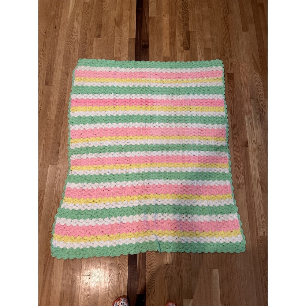 Crochet Handmade Baby Blanket‎ Afghan Pastel Color Stripes 47"x57"